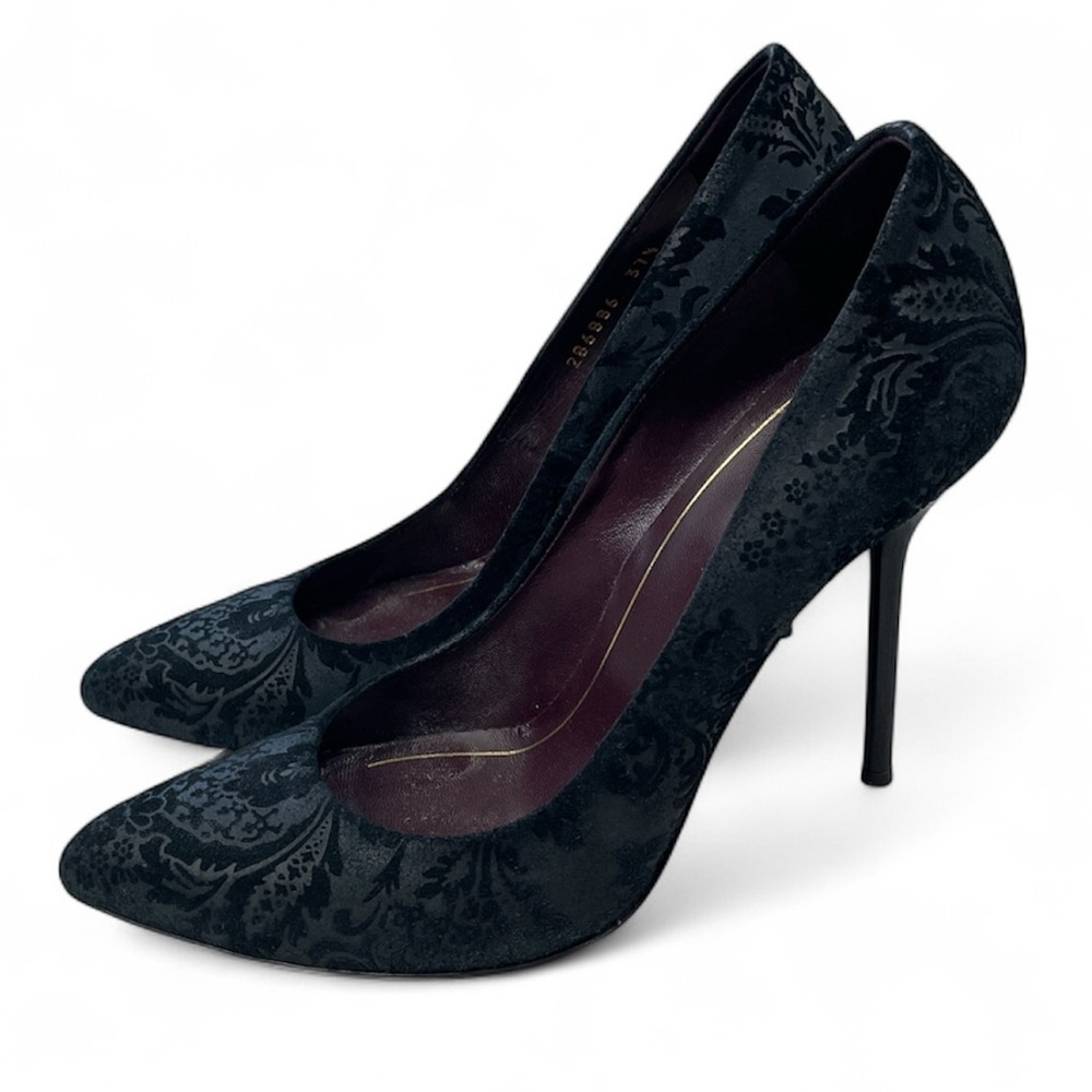 Gucci Noah Embossed Floral Brocade Pumps Stiletto Pointed Toe Sz 37.5